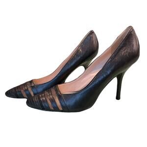 Black Mesh Stripe Pointed Toe Heels Stiletto Pumps Classic Chic 8.5 Nine West